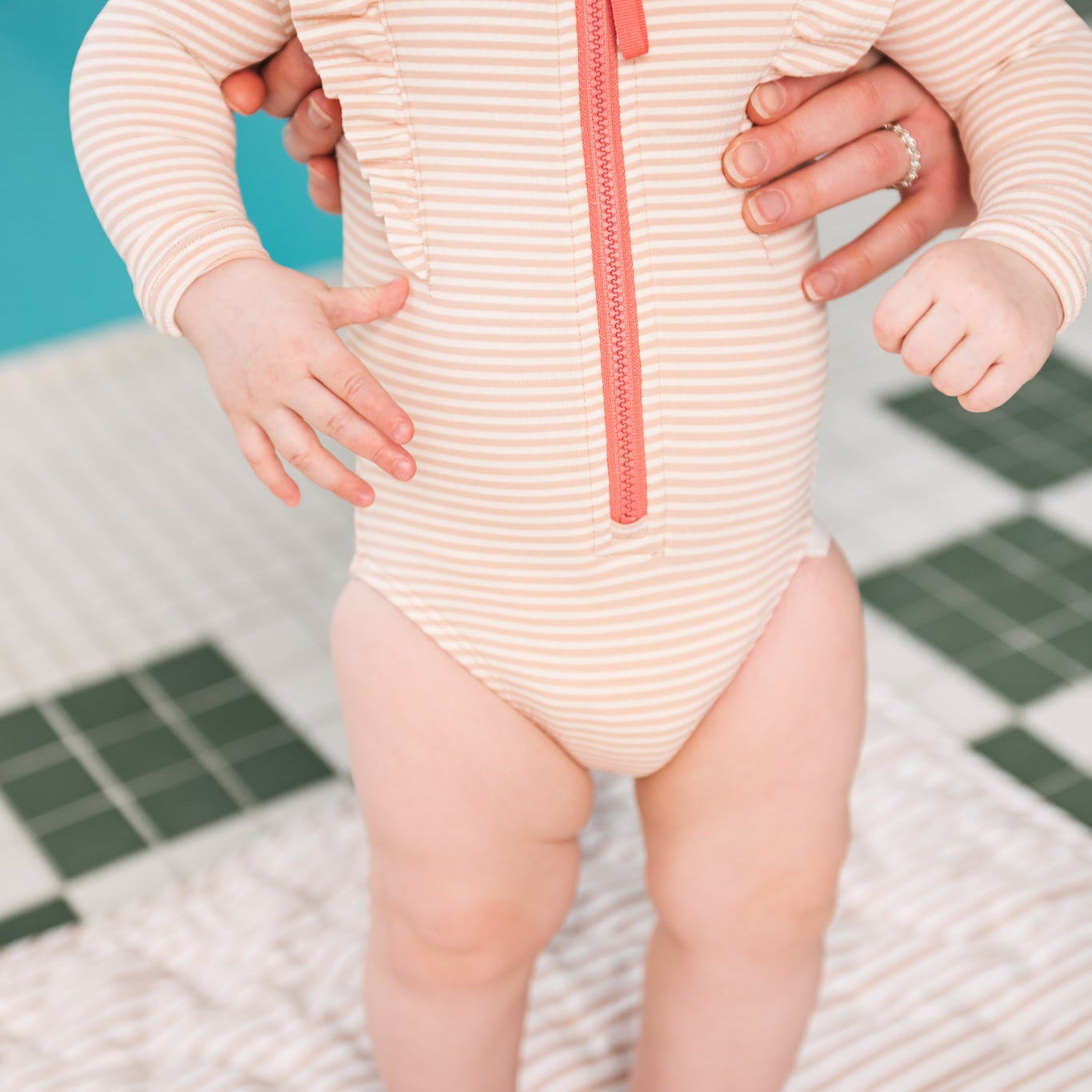 swim long sleeve ruffle one piece seersucker peony