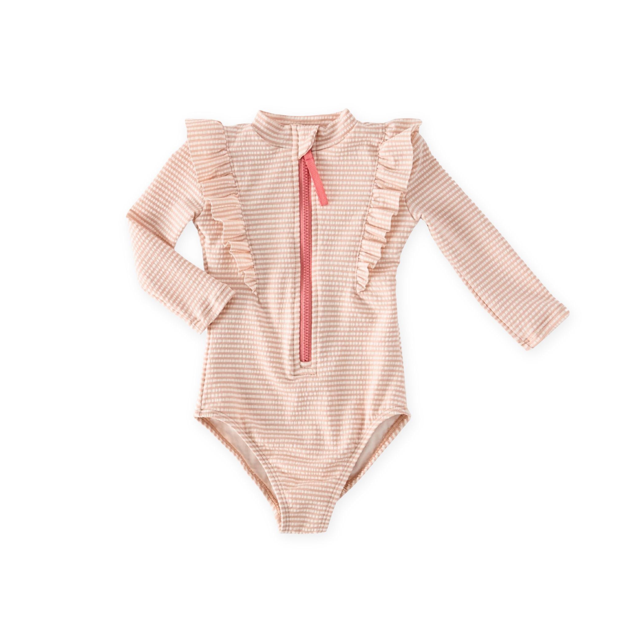 swim long sleeve ruffle one piece seersucker peony