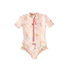 swim short sleeve ruffle one piece mermaid melody in pinks pattern