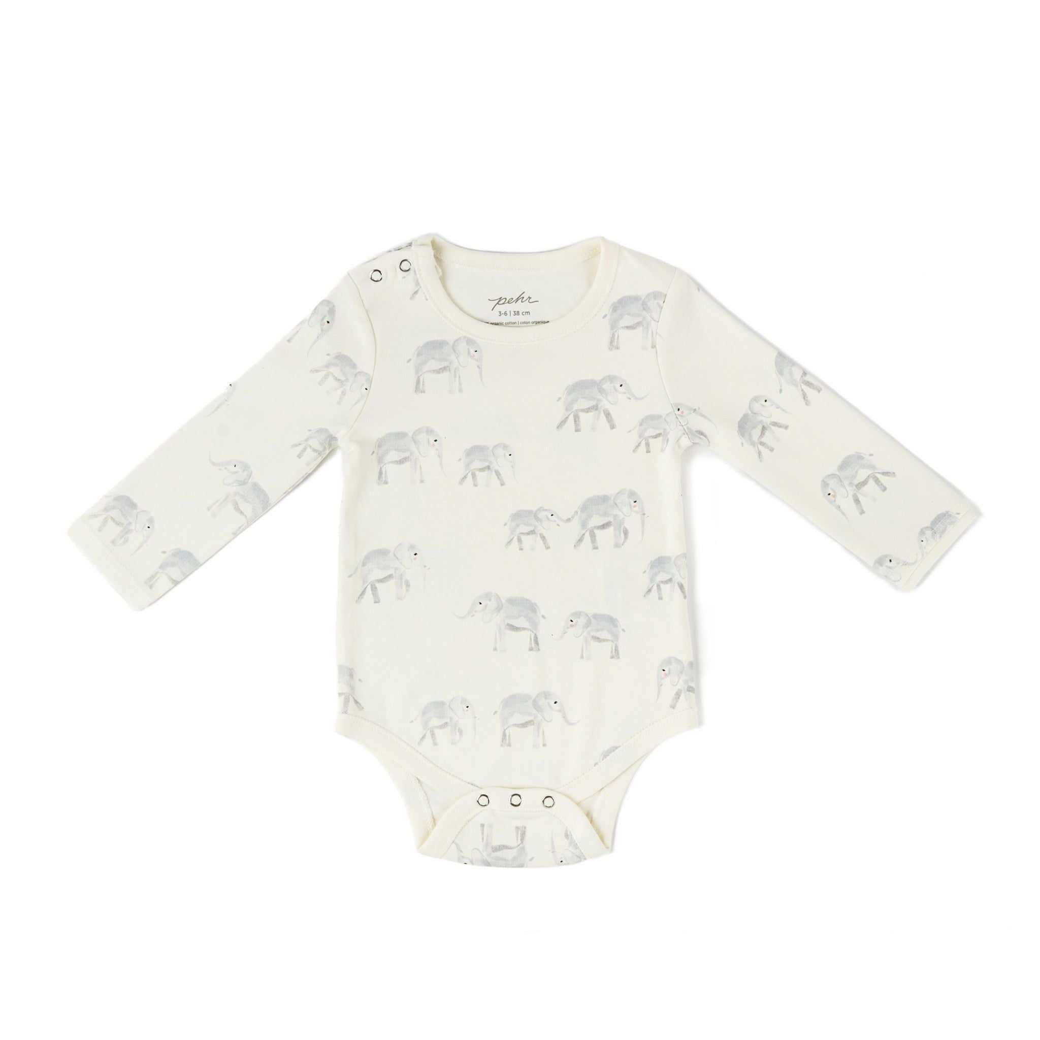shoulder snap one piece follow me elephant in neutrals pattern