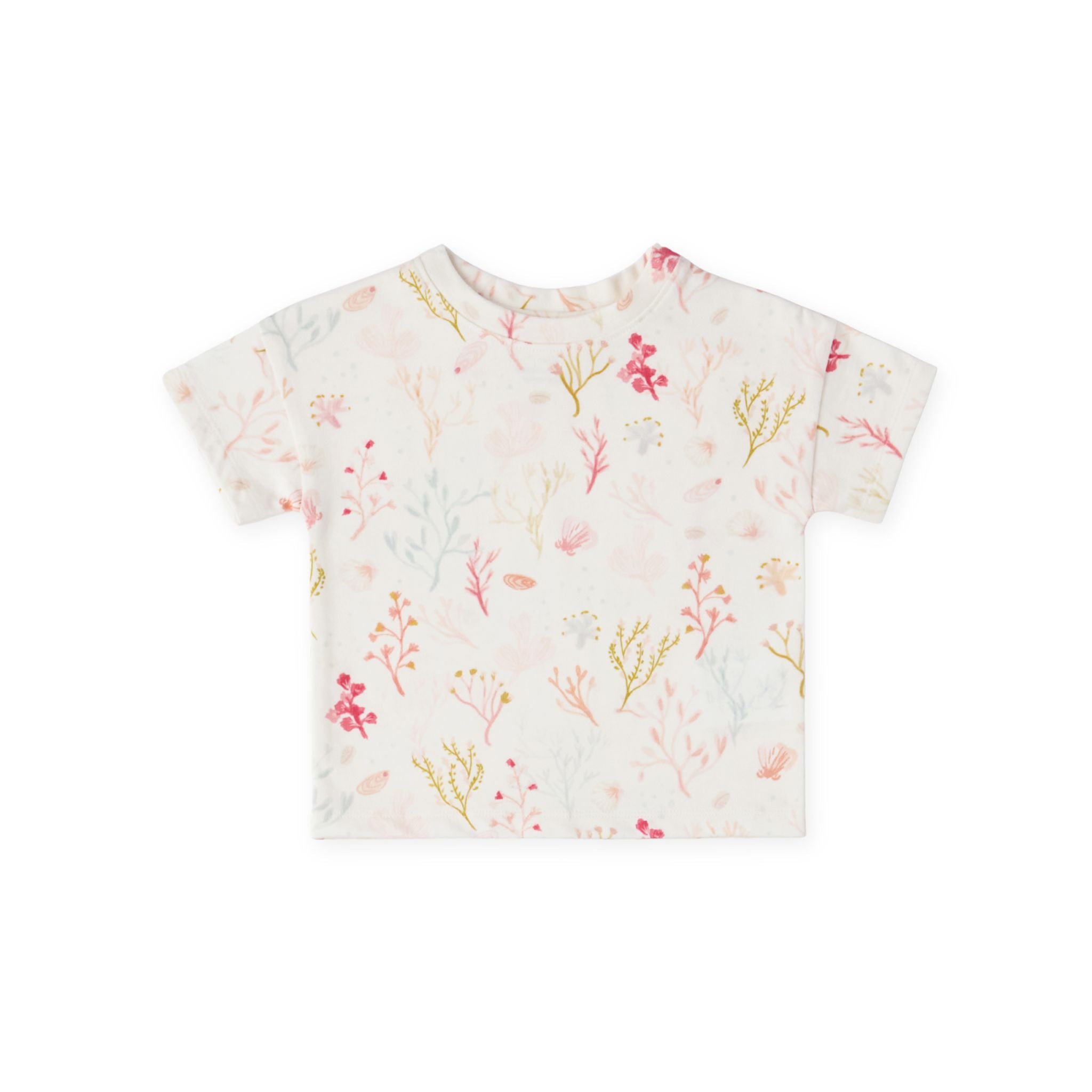 dropped shoulder short sleeve t shirt sea bloom in pinks pattern