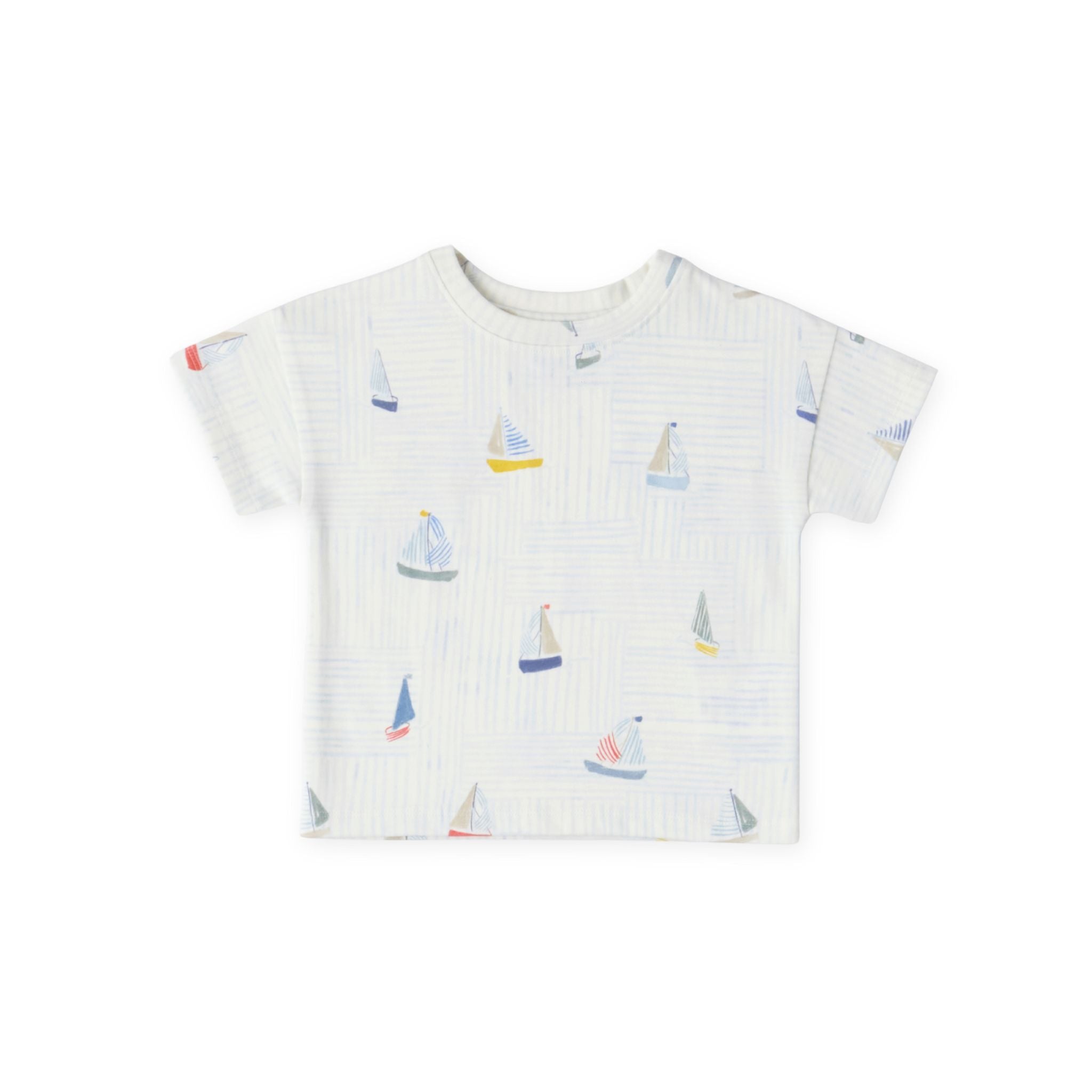kids dropped shoulder short sleeve t shirt set sail in blues pattern
