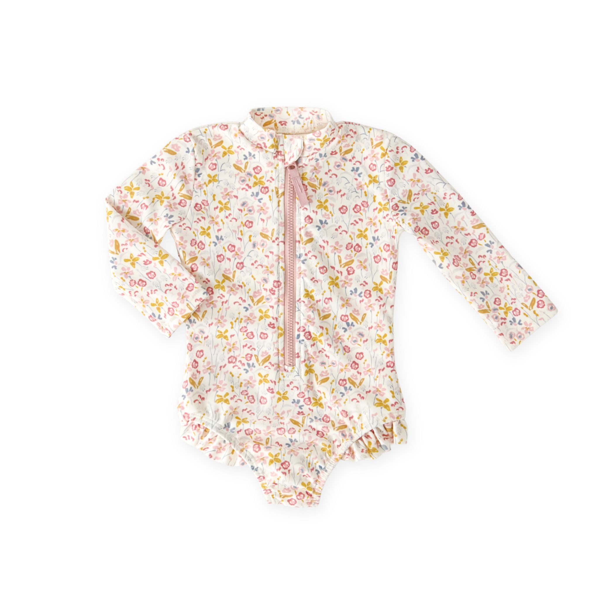 swim long sleeve hip ruffle one piece floret in multi pattern