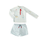 kids swim rash guard & short set sail in blues pattern